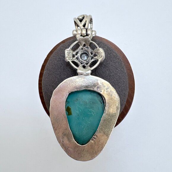 VTG Sterling Silver 925 Turquoise & Blue Topaz Pendant Size 2.5" Length - Picture 5 of 11